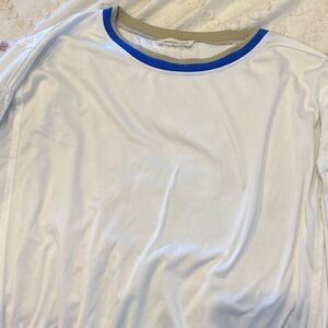 White T-Shirt with Blue and Tan Accents